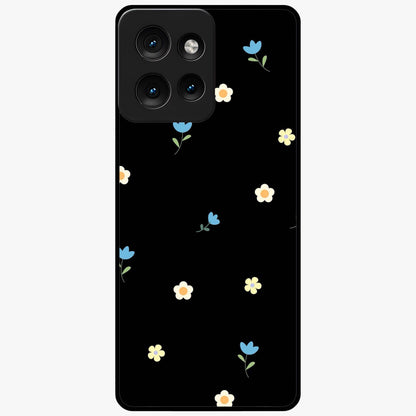 Minimalistic Blue With White Flower Pattern Glass Case showing flat back view with blue background and white flower pattern and glossy glass finish.