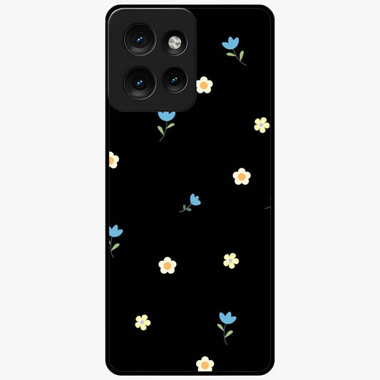 Minimalistic Blue With White Flower Pattern Glass Case showing flat back view with blue background and white flower pattern and glossy glass finish.