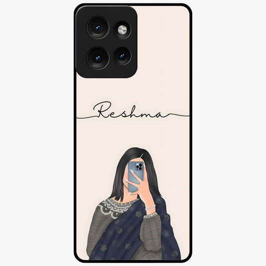 Mirror Mood Muse With Custom Name Glass Case showing flat back view with stylish mirrored artwork and personalized name design.
