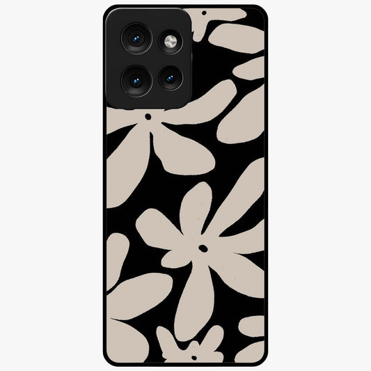 Monochrome Petal Dance Glass Case showing flat back view with monochrome floral artwork and glossy glass finish.
