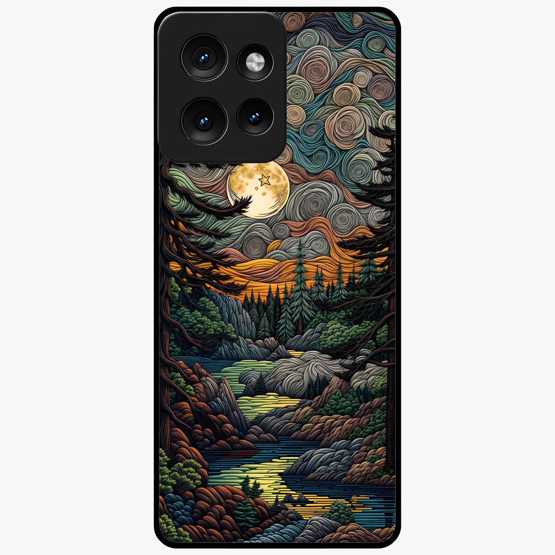 Moonlight Forest Dream Glass Case showing flat back view with mystical forest moonlight artwork and glossy glass finish.