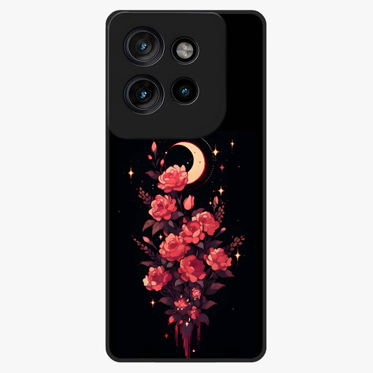 Moonlit Floral Elegance Glass Case showing flat back view with elegant floral artwork under moonlit tones and glossy glass finish.