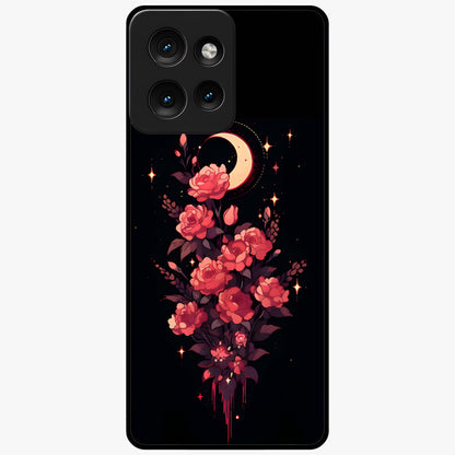 Moonlit Floral Elegance Glass Case showing flat back view with elegant floral artwork under moonlit tones and glossy glass finish.