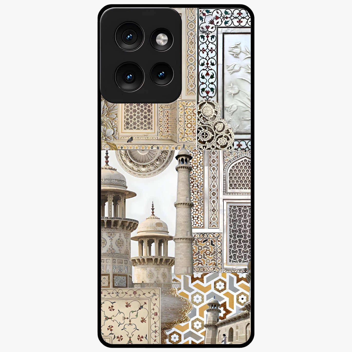Mughal Marble Legacy Glass Case showing flat back view with intricate Mughal inspired marble pattern and glossy glass finish.