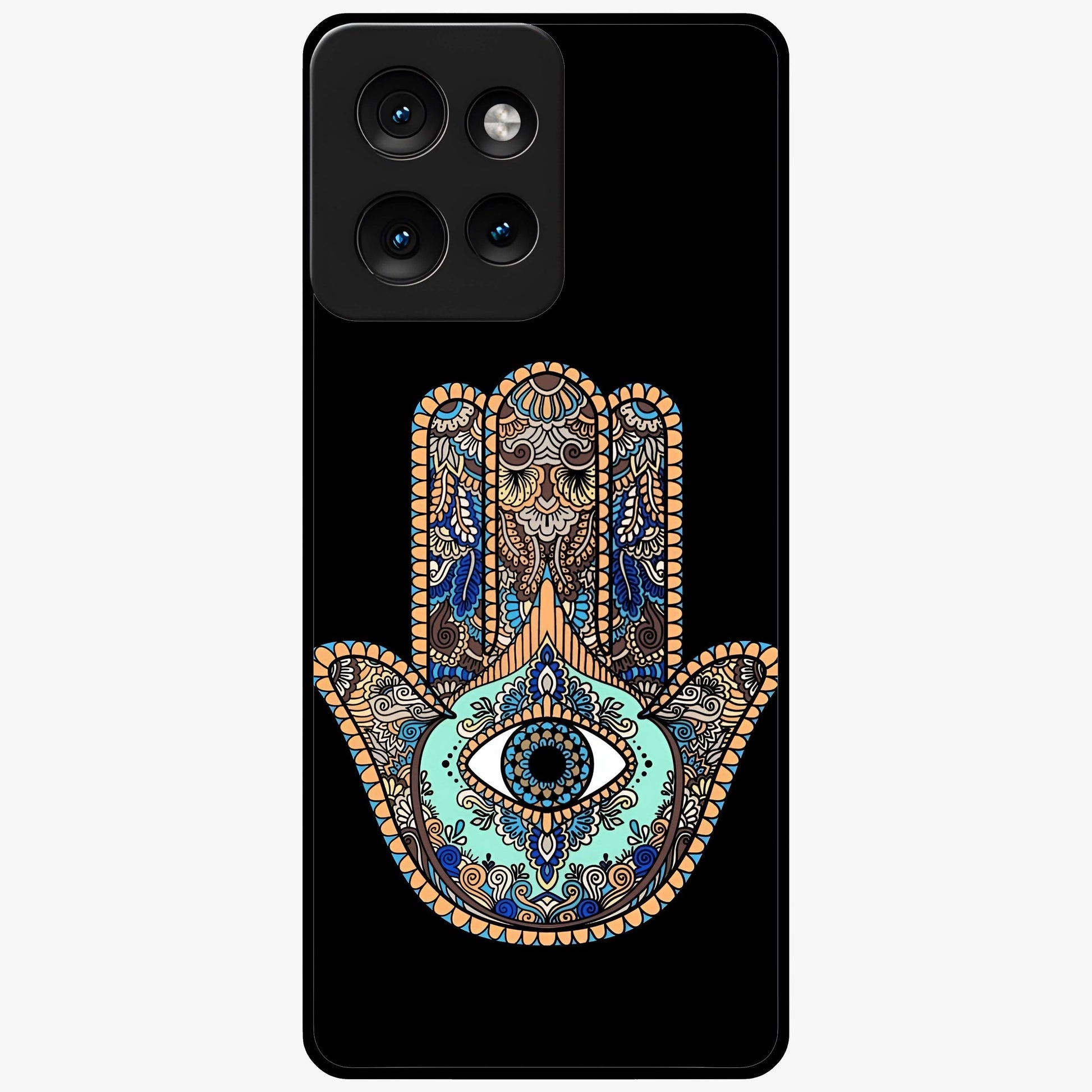 Mystic Hamsa Eye Glass Case showing flat back view with protective hamsa hand and evil eye artwork and glossy glass finish.