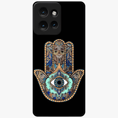 Mystic Hamsa Eye Glass Case showing flat back view with protective hamsa hand and evil eye artwork and glossy glass finish.