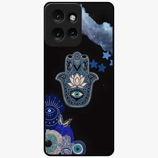Mystic Hand Aura Glass Case showing flat back view with mystical hand symbol artwork and glossy glass finish.