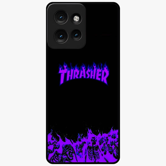 Neon Flame Riot Glass Case showing flat back view with neon flame artwork and glossy glass finish.