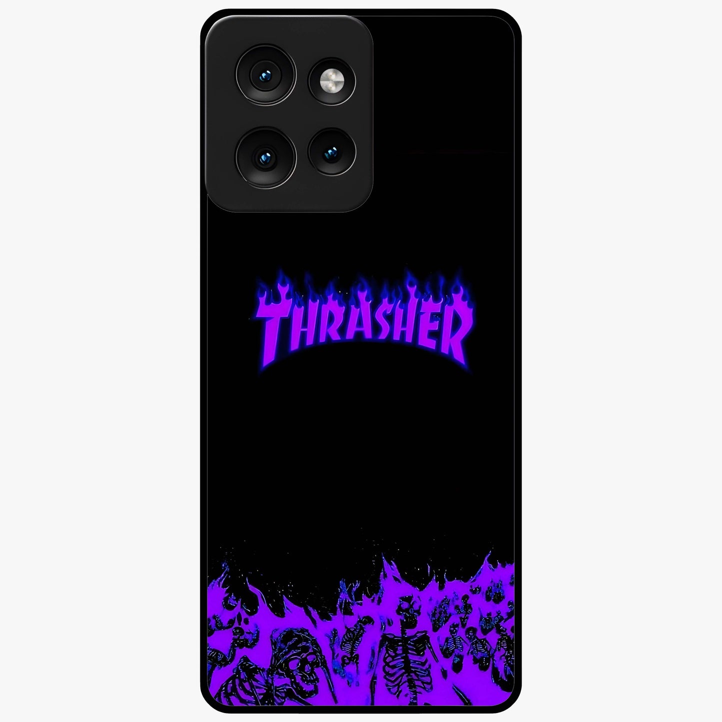 Neon Flame Riot Glass Case showing flat back view with neon flame artwork and glossy glass finish.