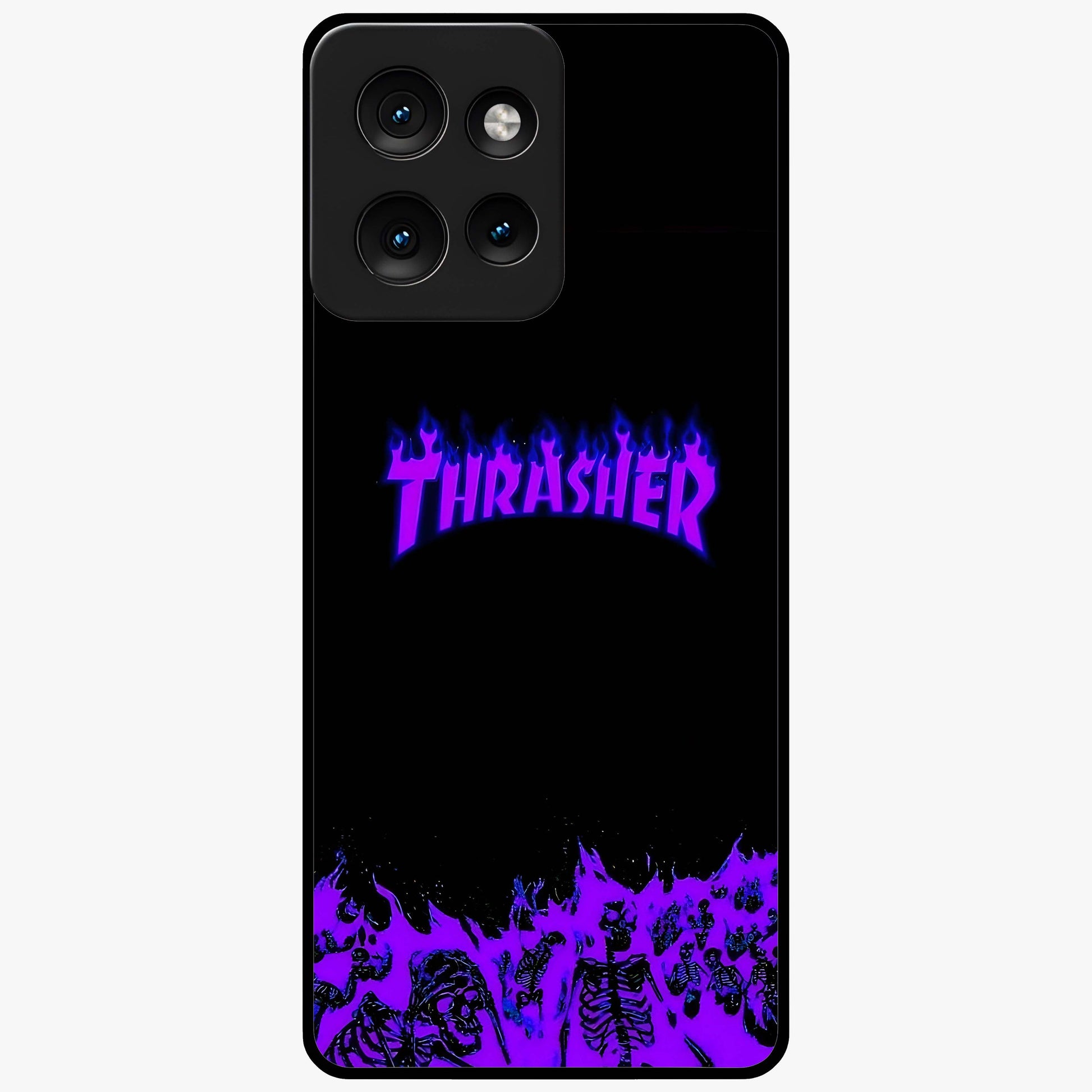 Neon Flame Riot Glass Case showing flat back view with neon flame artwork and glossy glass finish.