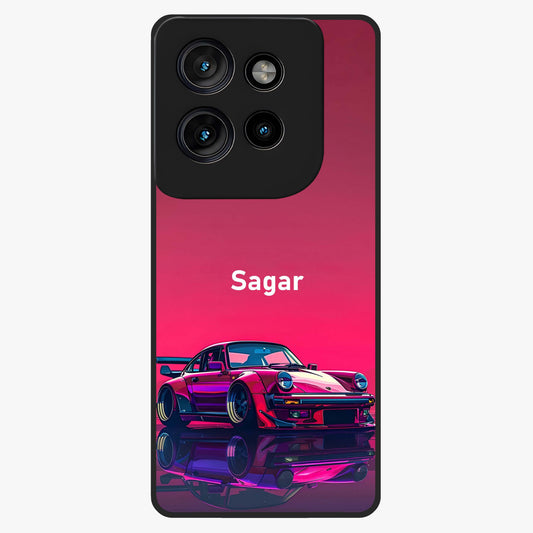 Neon Pink Porsche Glass Case showing flat back view with stylish sports car artwork and glossy glass finish.