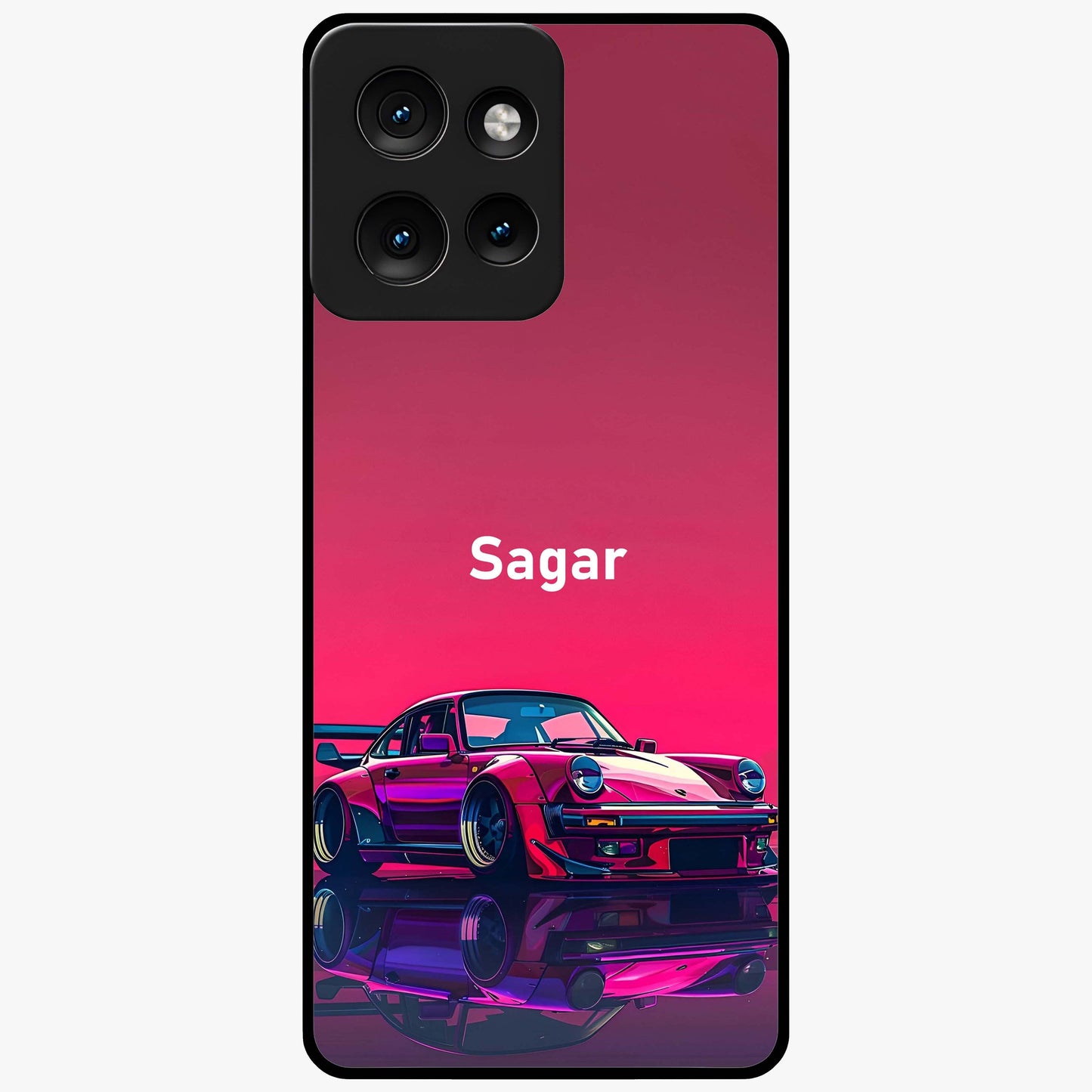 Neon Pink Porsche Glass Case showing flat back view with stylish sports car artwork and glossy glass finish.