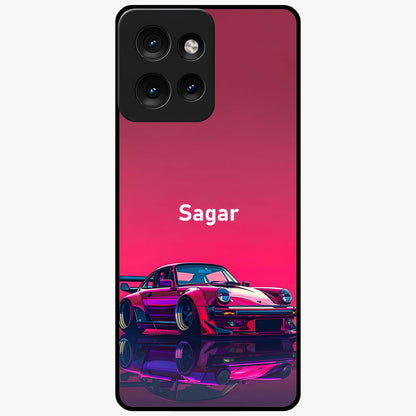 Neon Pink Porsche Glass Case showing flat back view with stylish sports car artwork and glossy glass finish.