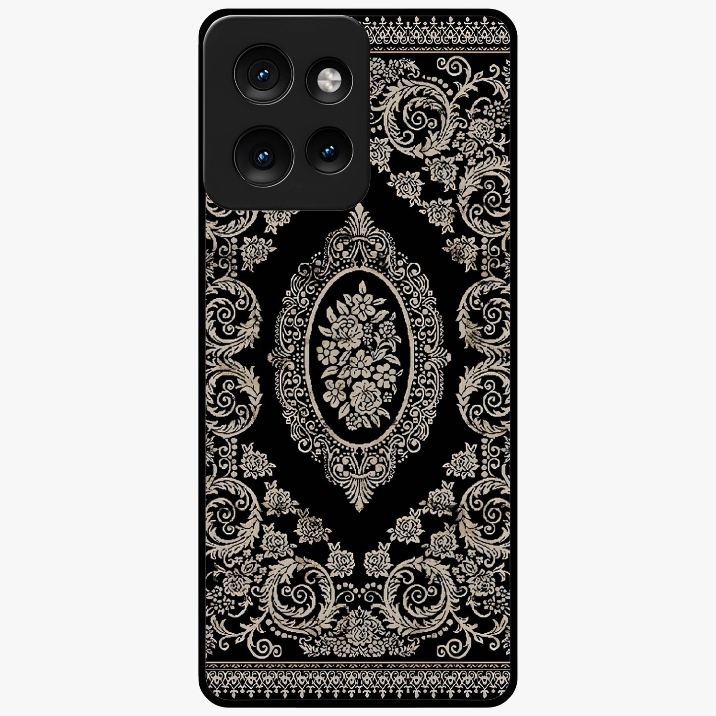 Noir Bloom Elegance Glass Case showing flat back view with elegant dark floral artwork and glossy glass finish.