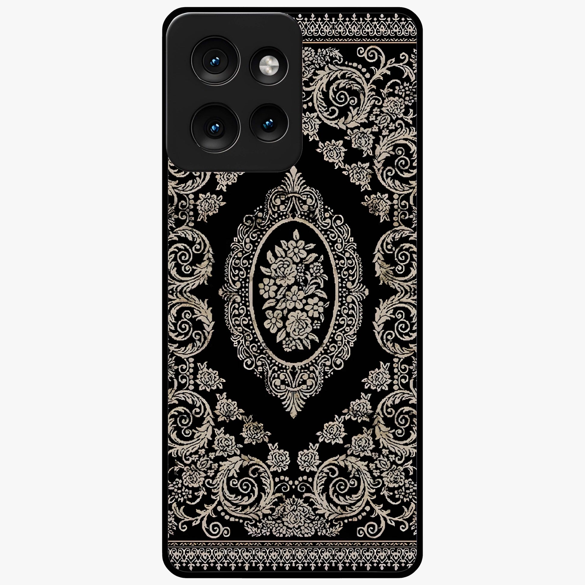 Noir Bloom Elegance Glass Case showing flat back view with elegant dark floral artwork and glossy glass finish.