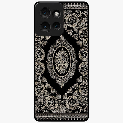 Noir Bloom Elegance Glass Case showing flat back view with elegant dark floral artwork and glossy glass finish.