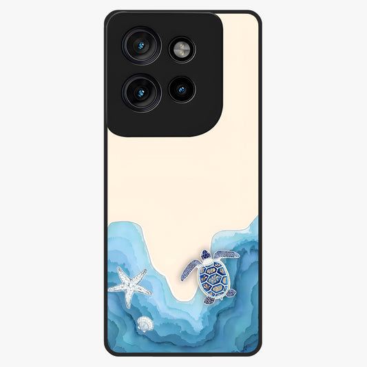 Ocean Drift Turtle Glass Case showing flat back view with sea turtle artwork and glossy glass finish.