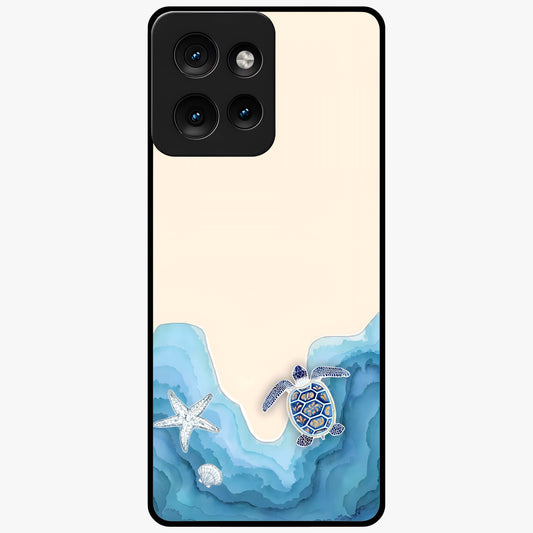 Ocean Drift Turtle Glass Case showing flat back view with sea turtle artwork and glossy glass finish.