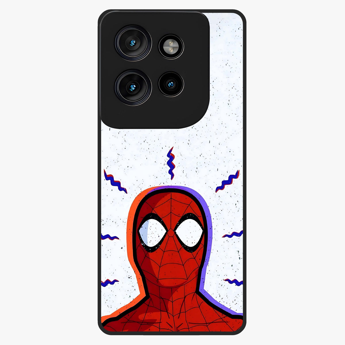 Omg Spiderman Glass Case showing flat back view with bold superhero inspired artwork and glossy glass finish.