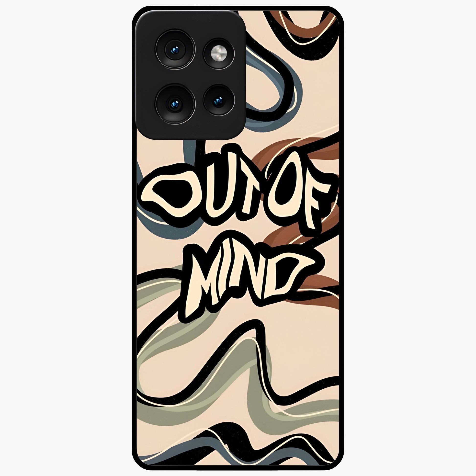 Out Of Mind Glass Case showing flat back view with expressive typography artwork and glossy glass finish.