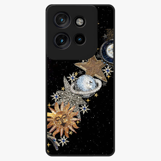 Pearls Universe Object Glass Case showing flat back view with pearl inspired cosmic artwork and glossy glass finish.