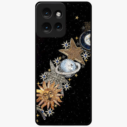 Pearls Universe Object Glass Case showing flat back view with pearl inspired cosmic artwork and glossy glass finish.