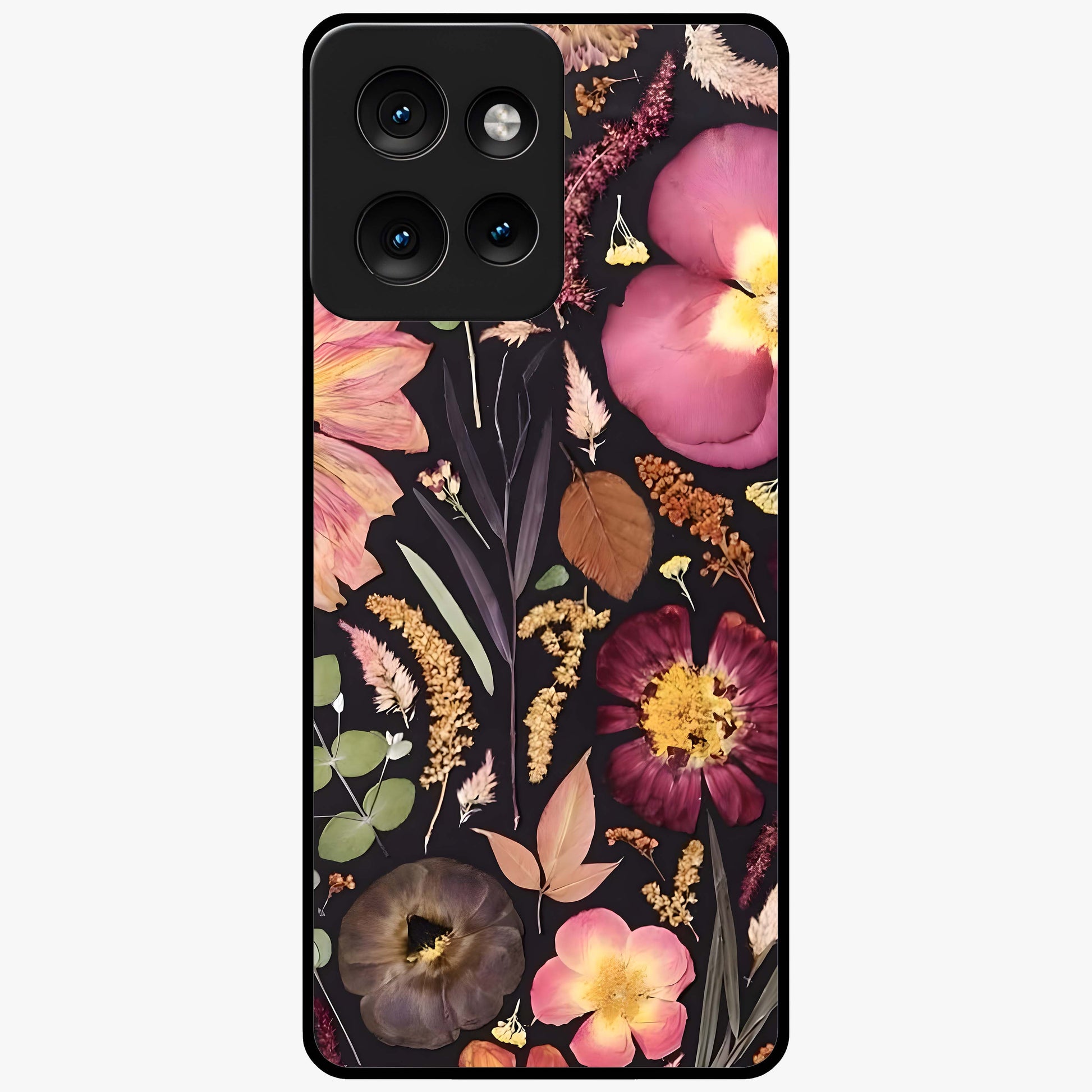 Petal Dream Tapestry Glass Case showing flat back view with intricate floral tapestry artwork and glossy glass finish.