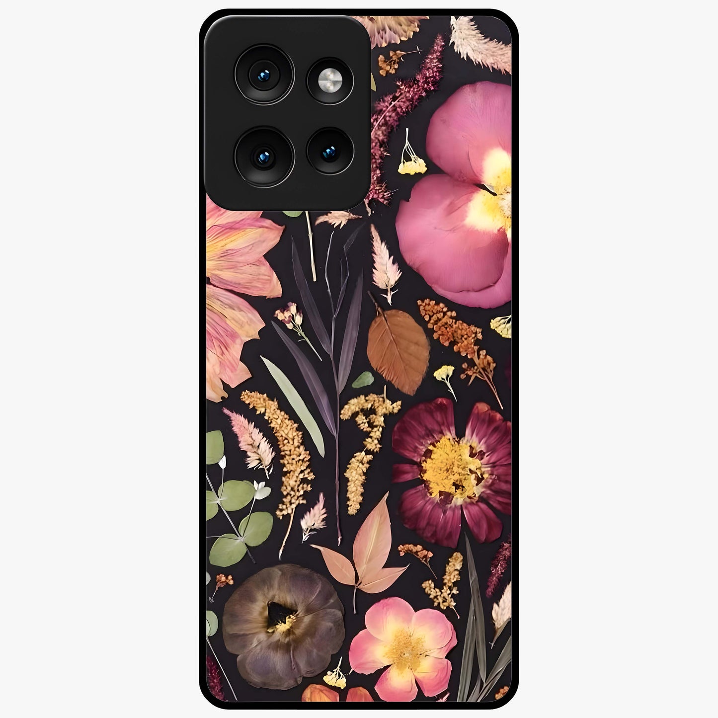 Petal Dream Tapestry Glass Case showing flat back view with intricate floral tapestry artwork and glossy glass finish.