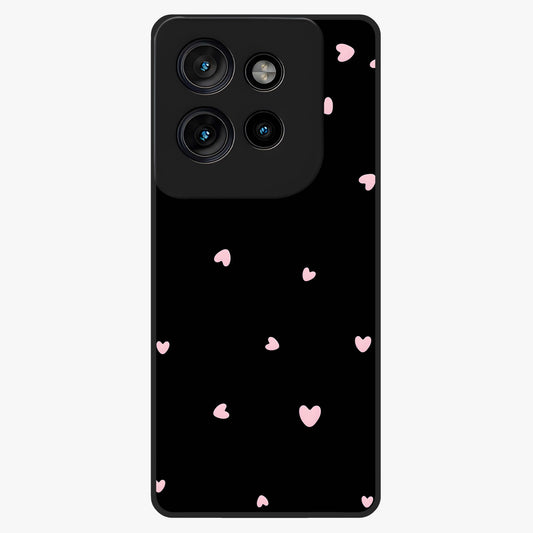 Pink Love Drops Glass Case showing flat back view with playful pink heart drops artwork and glossy glass finish.