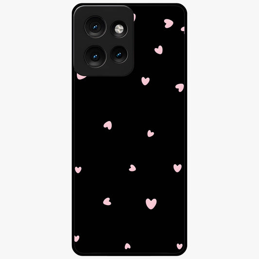 Pink Love Drops Glass Case showing flat back view with playful pink heart drops artwork and glossy glass finish.