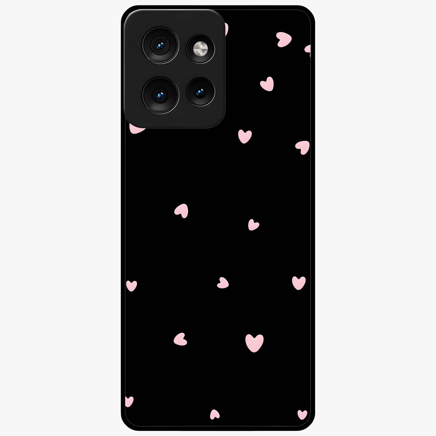 Pink Love Drops Glass Case showing flat back view with playful pink heart drops artwork and glossy glass finish.