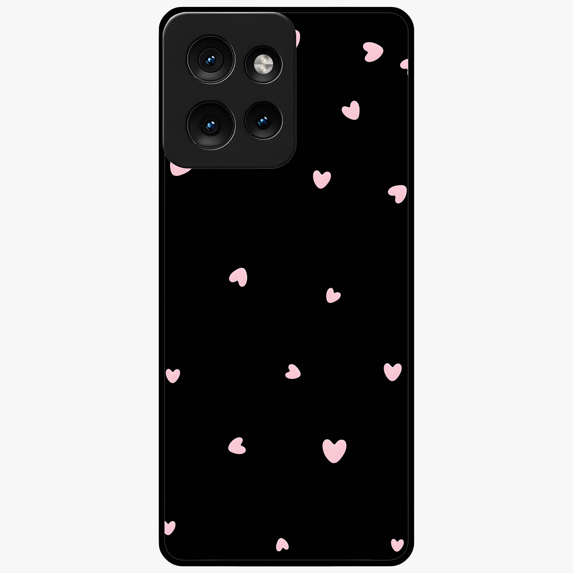 Pink Love Drops Glass Case showing flat back view with playful pink heart drops artwork and glossy glass finish.