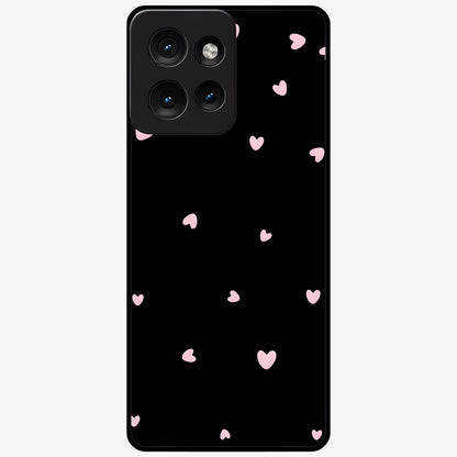 Pink Love Drops Glass Case showing flat back view with playful pink heart drops artwork and glossy glass finish.