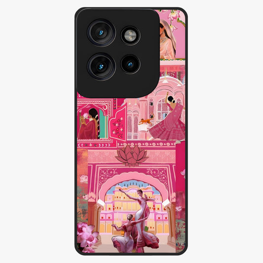 Pink Palace Muse Glass Case showing flat back view with elegant palace inspired artwork and glossy glass finish.