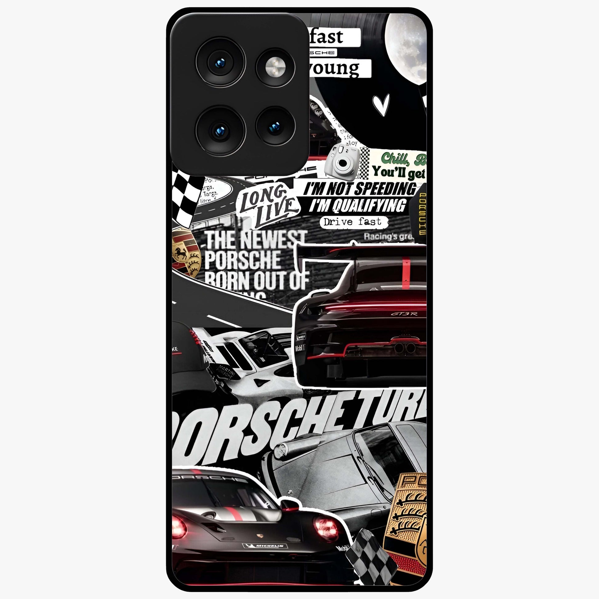Porsche Racing Collage Glass Case showing flat back view with sports car racing collage artwork and glossy glass finish.