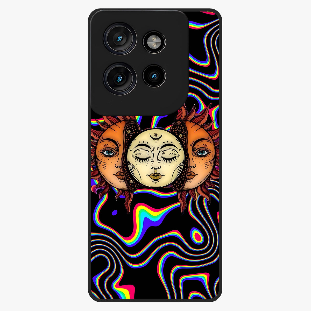 Psychedelic Sun Glass Case showing flat back view with colorful psychedelic sun artwork and glossy glass finish.