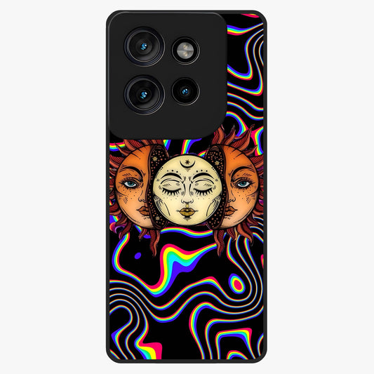 Psychedelic Sun Glass Case showing flat back view with colorful psychedelic sun artwork and glossy glass finish.
