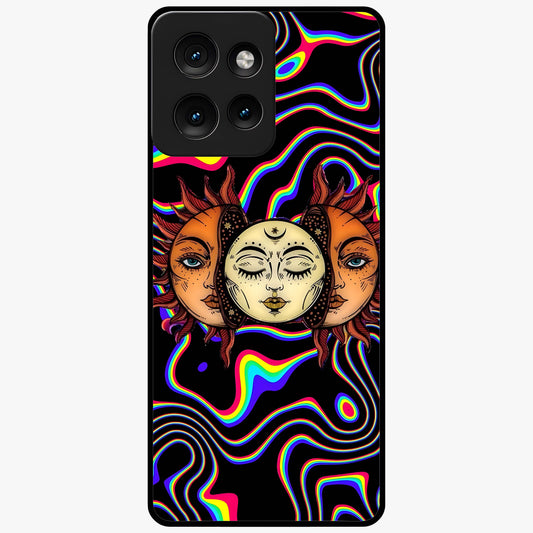 Psychedelic Sun Glass Case showing flat back view with colorful psychedelic sun artwork and glossy glass finish.