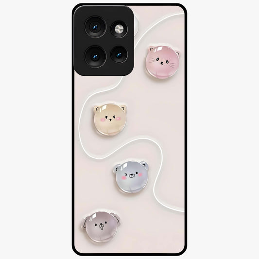 Puffy Face Parade Glass Case showing flat back view with cute puffy character faces artwork and glossy glass finish.