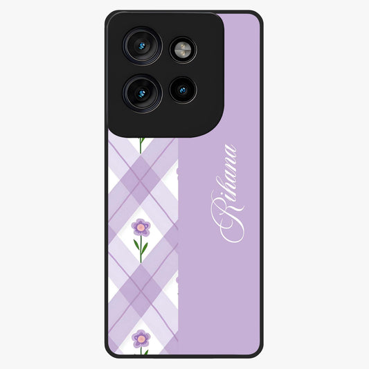 Purple Diamond Floral Glass Case showing flat back view with diamond shaped floral artwork and glossy glass finish.