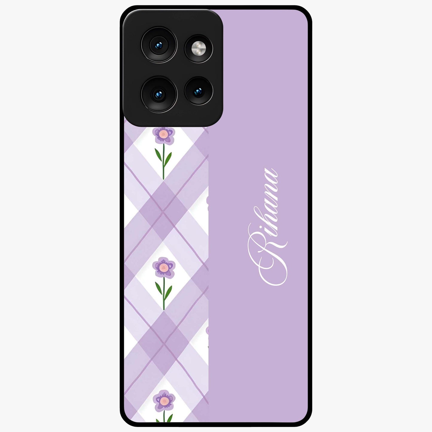 Purple Diamond Floral Glass Case showing flat back view with diamond shaped floral artwork and glossy glass finish.