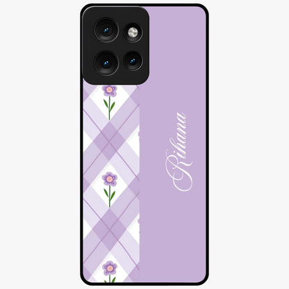 Purple Diamond Floral Glass Case showing flat back view with diamond shaped floral artwork and glossy glass finish.