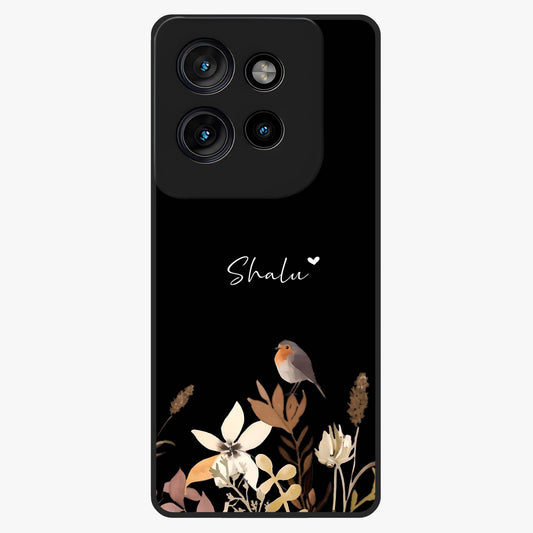Quiet Garden Tune Custom Name Glass Case showing flat back view with peaceful garden artwork and personalized name design.