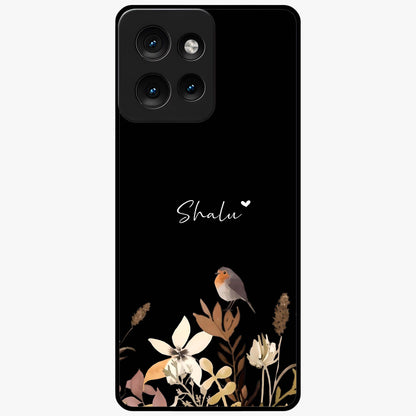 Quiet Garden Tune Custom Name Glass Case showing flat back view with peaceful garden artwork and personalized name design.