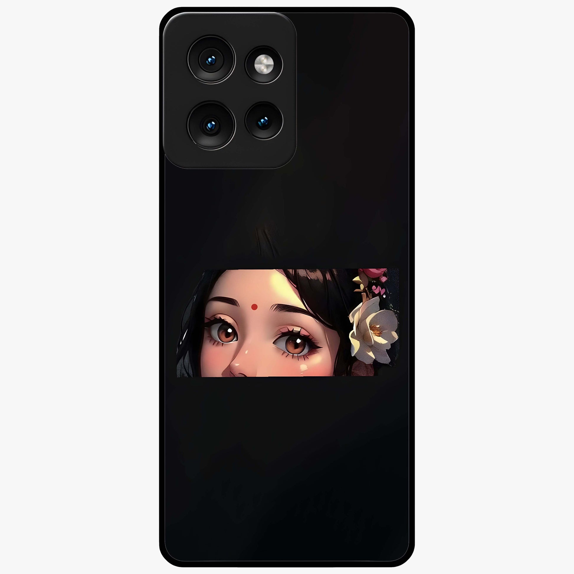 Radha Divine Embrace Glass Case showing flat back view with devotional Radha artwork and glossy glass finish.