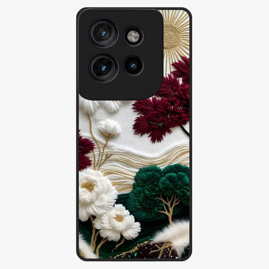 Radiant Bloom Elegance Glass Case showing flat back view with elegant blooming flower artwork and glossy glass finish.