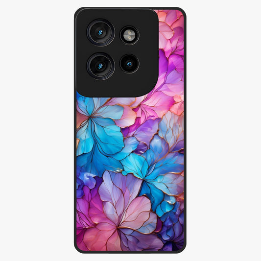 Radiant Floral Whirl Glass Case showing flat back view with swirling floral artwork and glossy glass finish.