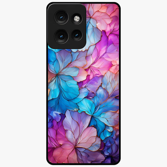 Radiant Floral Whirl Glass Case showing flat back view with swirling floral artwork and glossy glass finish.