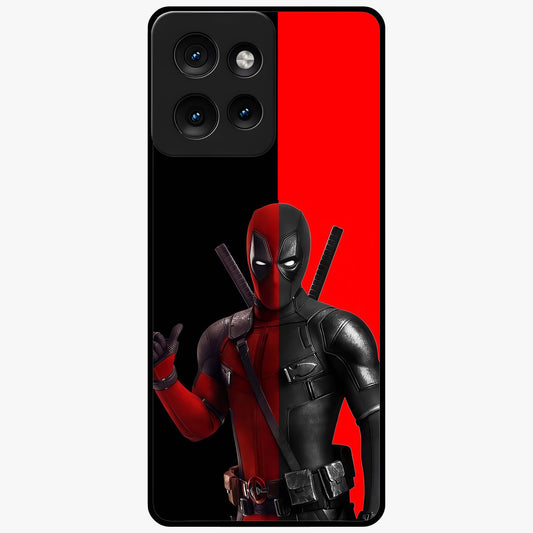 Red & Black Deadpool Theme Glass Case showing flat back view with bold comic inspired artwork and glossy glass finish.