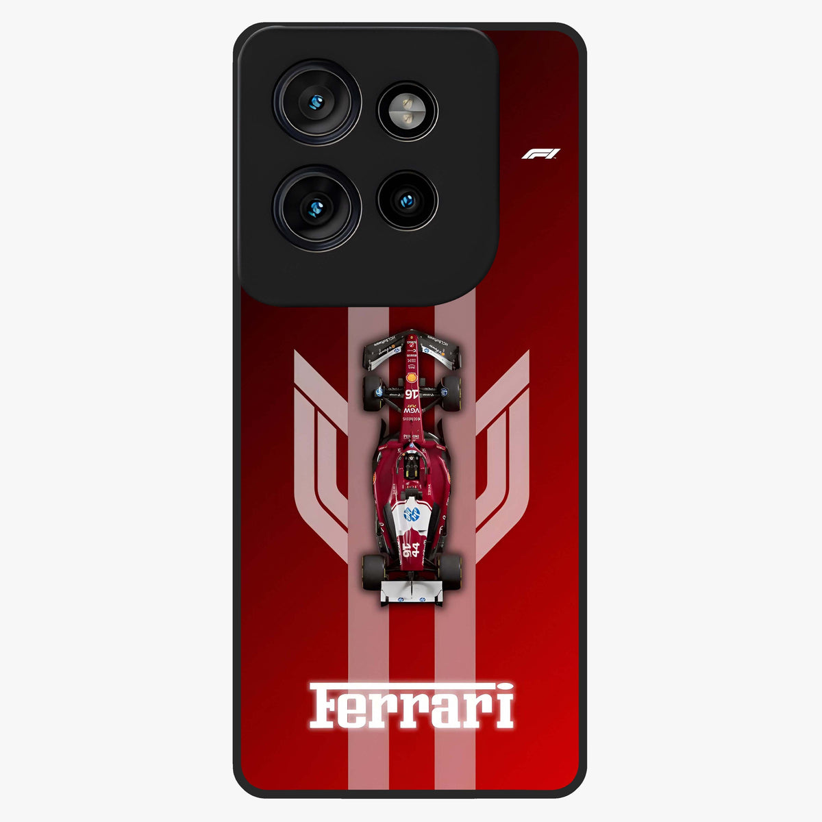Red Ferrari F1 Vertical Glass Case showing flat back view with sleek Formula racing car artwork and glossy glass finish.